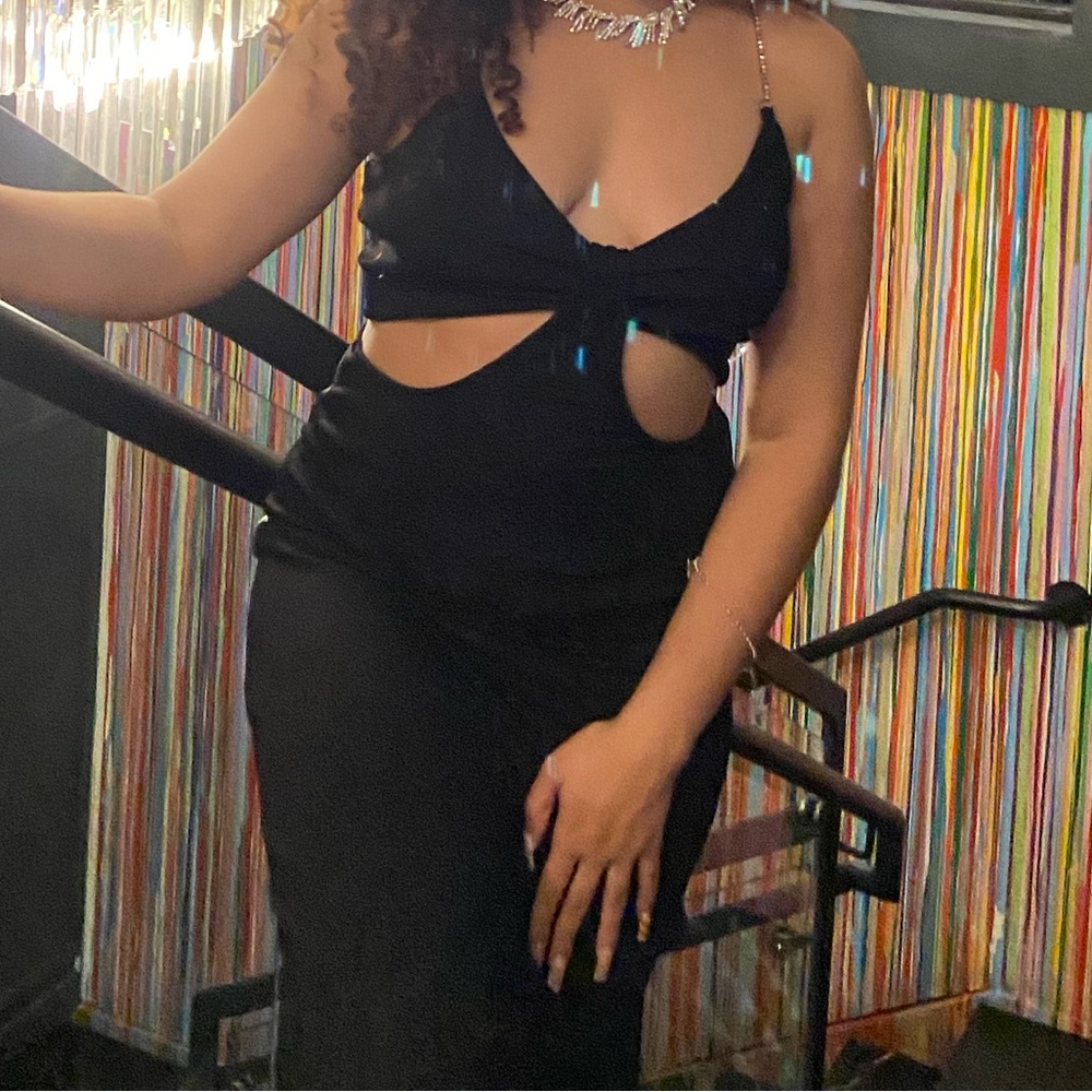 Black midi dress with silver strap details